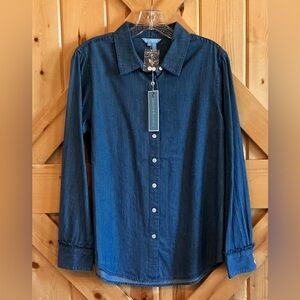 NWT Draper James Chambray Button Down Shirt w/Ruffle Sleeve Accent, Medium Wash